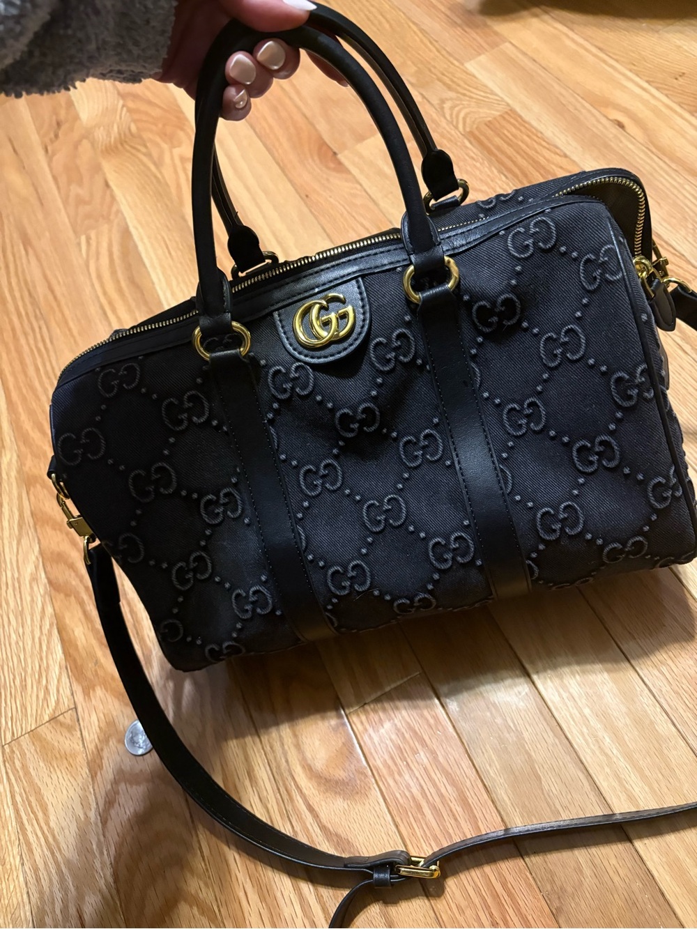 Elegant fashion Black GG Canvas Top-Handle Satchel with Gold Hardware